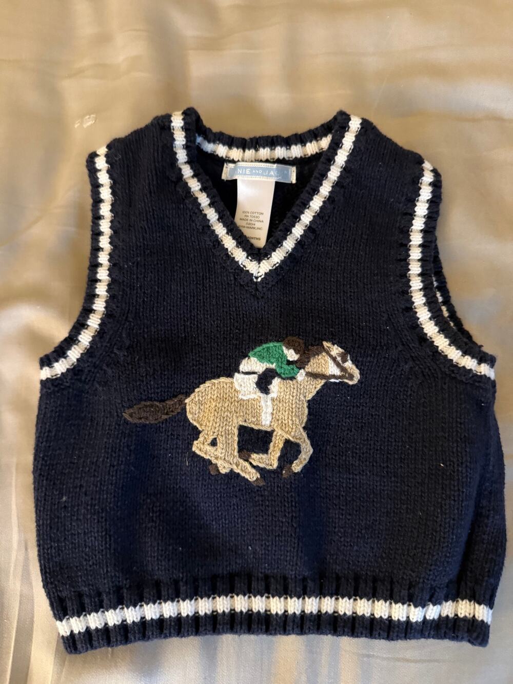 Janie & Jack navy blue horse and jockey vest 3-6m